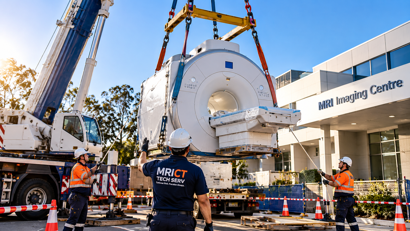 MRI CT Tech Serv team coordinating MRI equipment movement